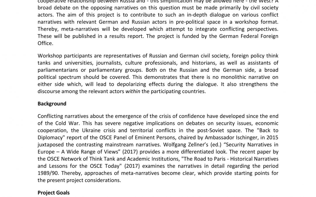 New Dialogue-Project: Russia and ‘the West’ – Joint Analysis of Conflict Narratives and Exploration of Metanarratives